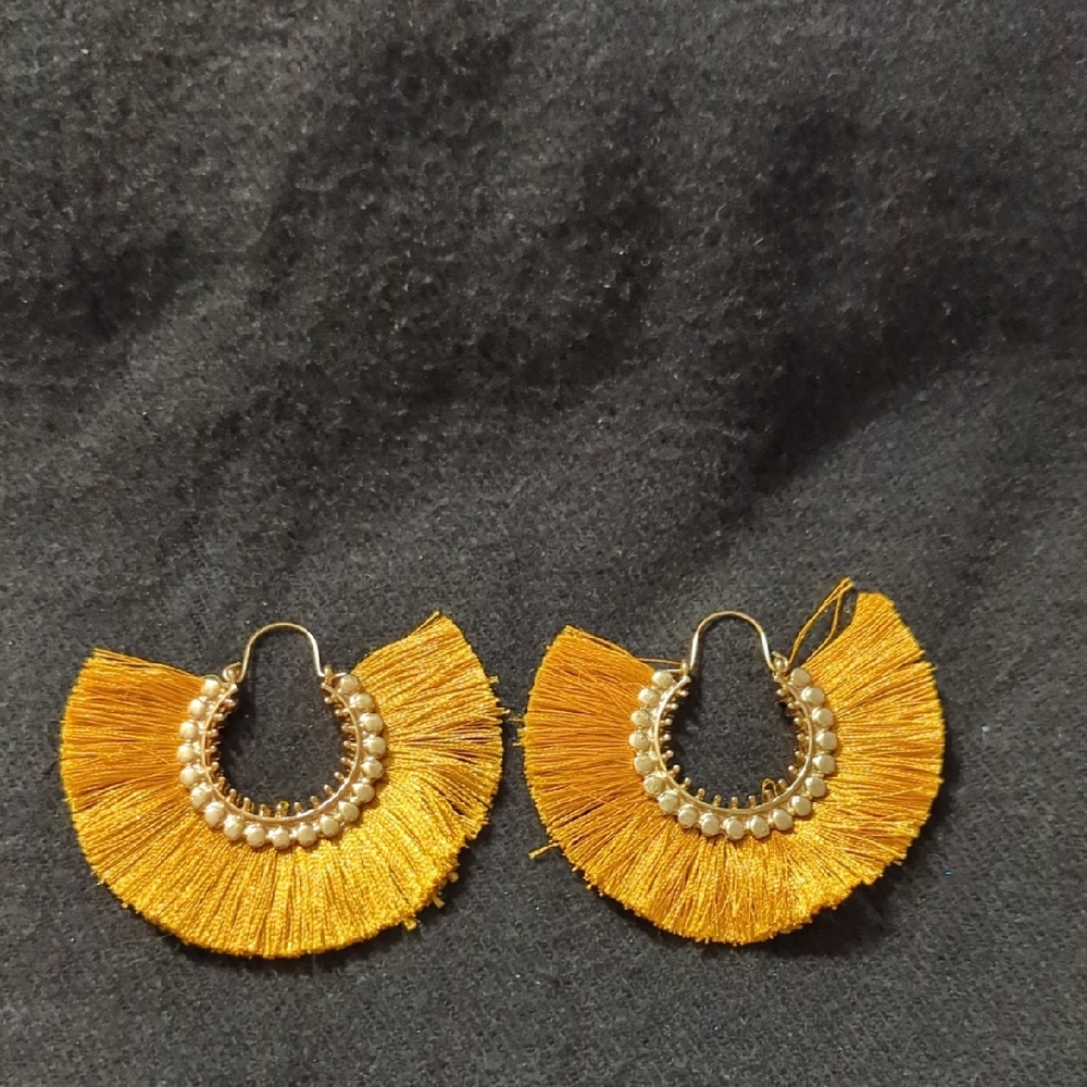 Gold Tone Golden Sunflower Yellow Silk Fringe Hoop Statement Earrings